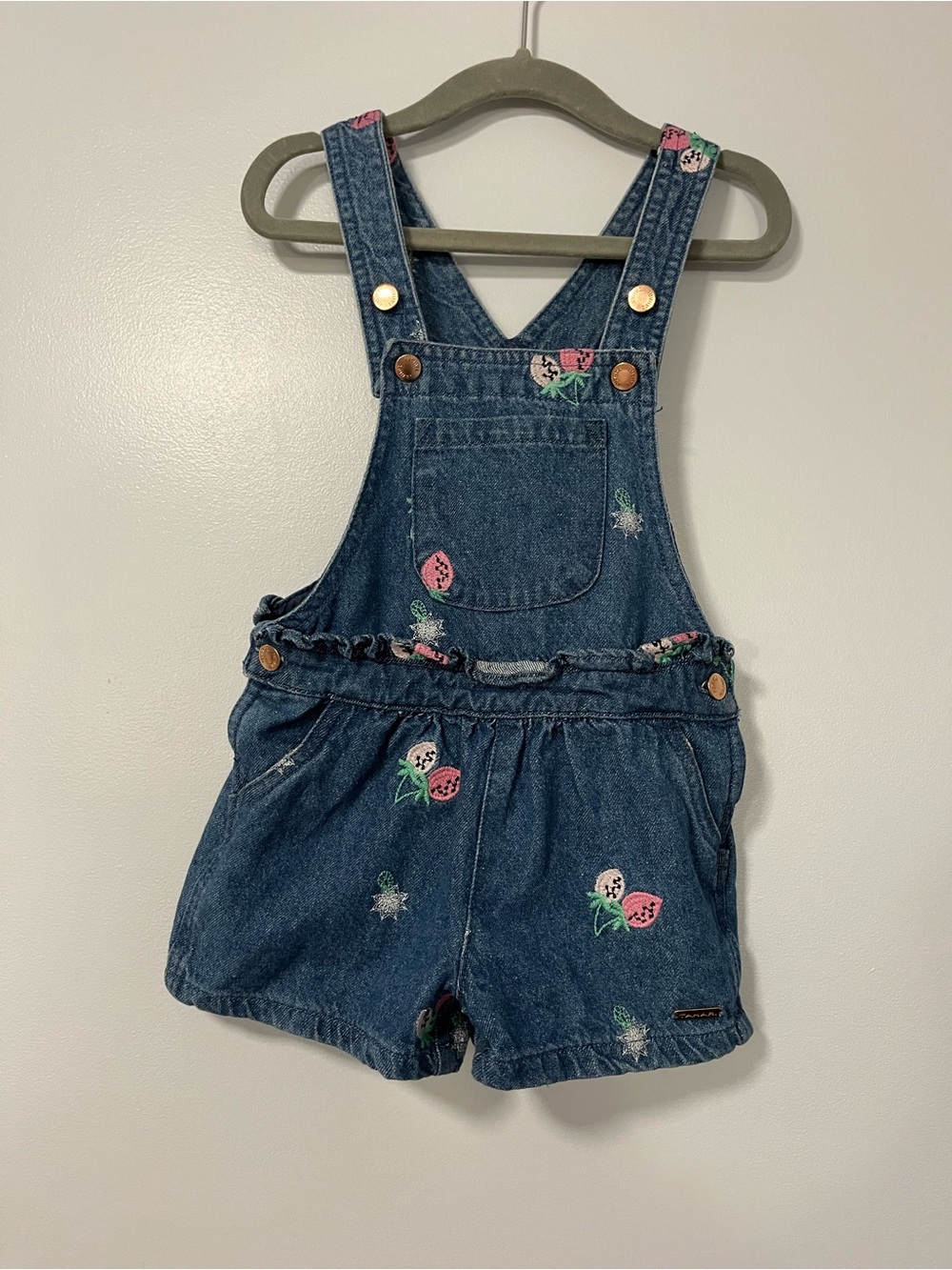 Denim Strawberry Embroidered Girls' Short Overalls - Blue
